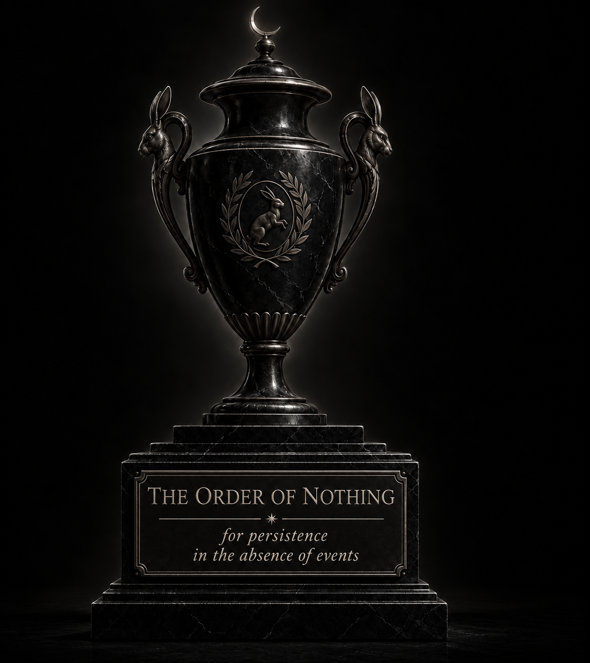 The original black marble Order of Nothing trophy, awarded for persistence in the absence of events. Click to enlarge.