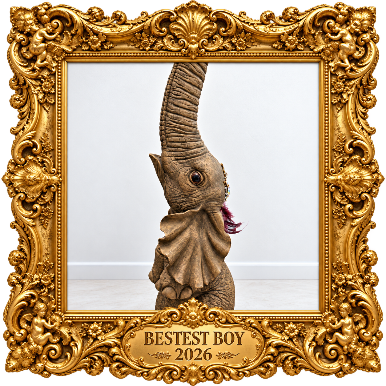 An outrageously ornate framed portrait of the Elephant with an engraved plaque reading BESTEST BOY 2026.