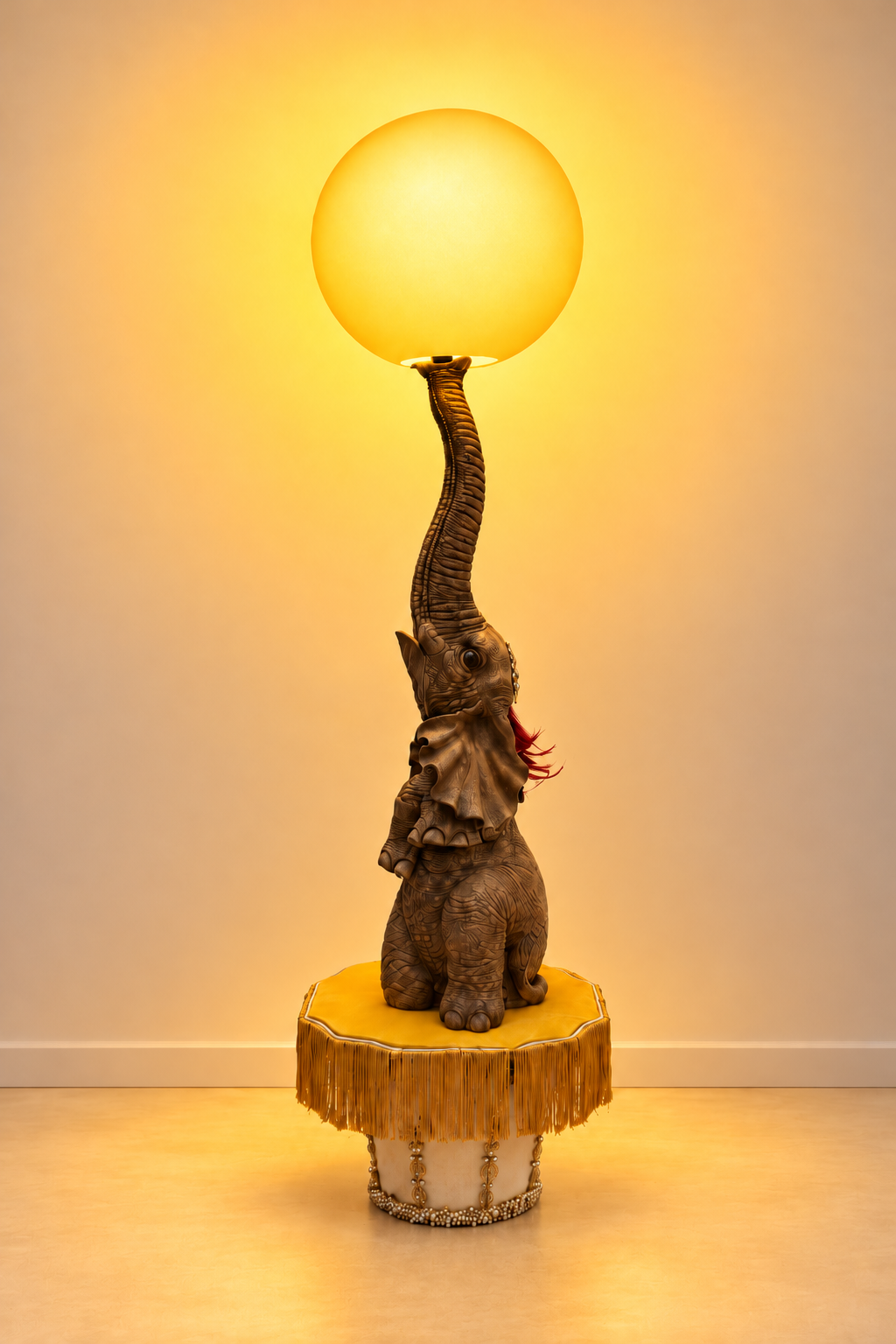 The Elephant Lamp with an amber glowing globe and amber light spreading onto the wall and floor.