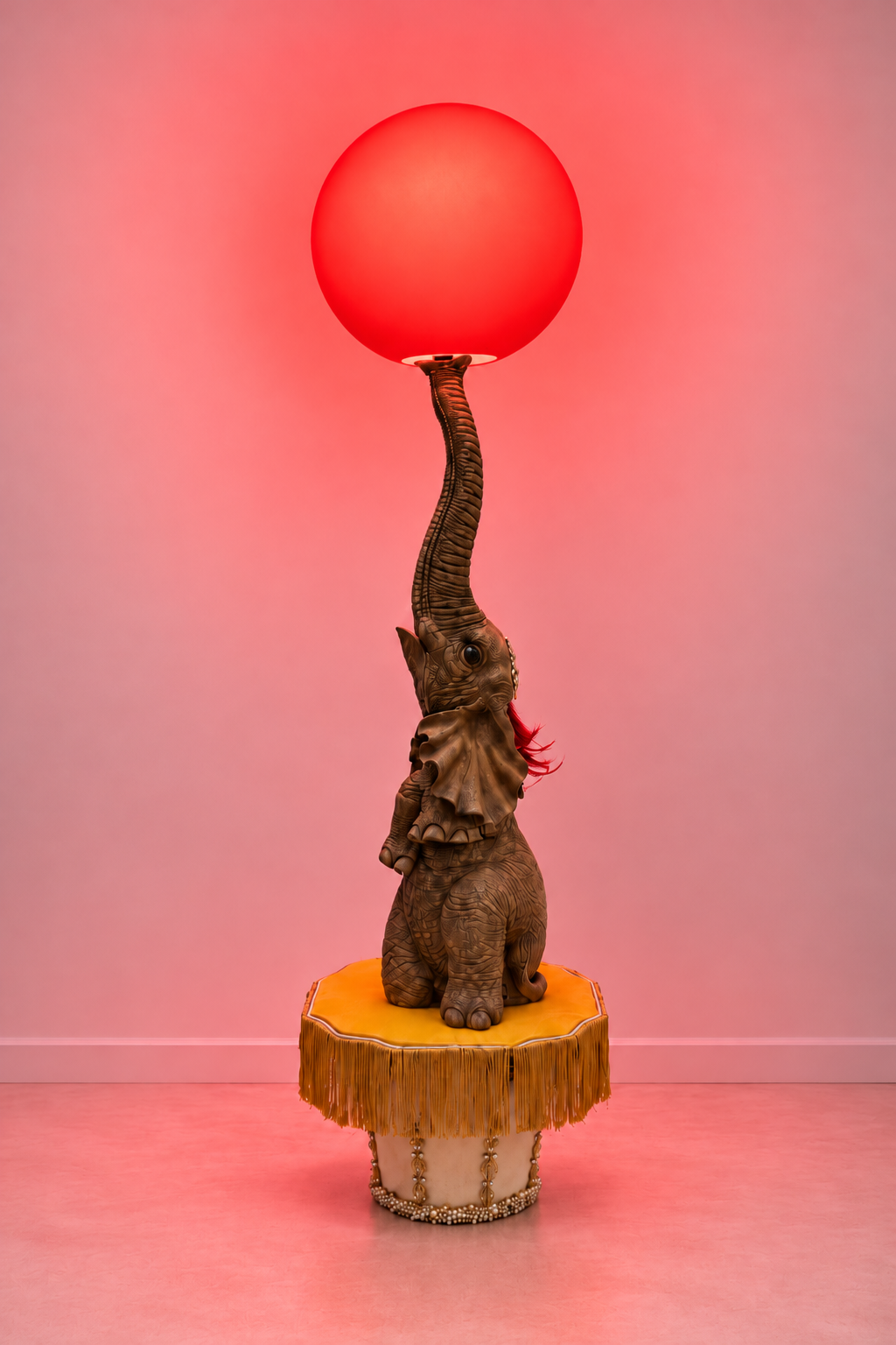 The Elephant Lamp with a red glowing globe and red light spreading onto the wall and floor.